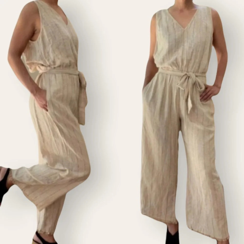 DREW Linen-Blend Tie Front V Neck Striped Jumpsuit